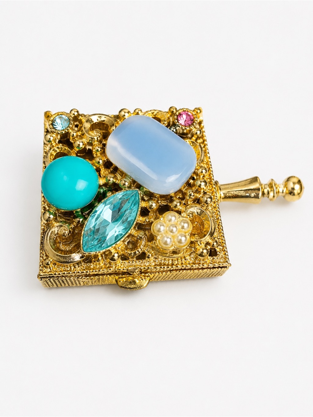 Vintage Gold Tone Jeweled Pill Box Faux Turquoise Trinket Keepsake Box Hinged